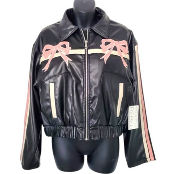 NWT Black Bomber Jacket Faux Leather Pink Bow Stripes Sz S Balletcore Layer Moto - Picture 2 of 9